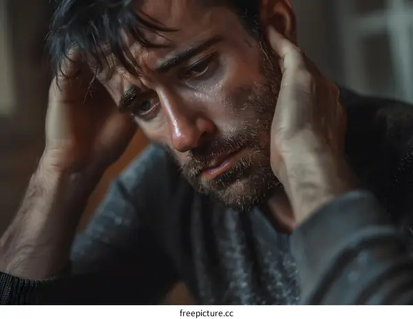 A man is holding his head and looking down with a sad expression on his face.