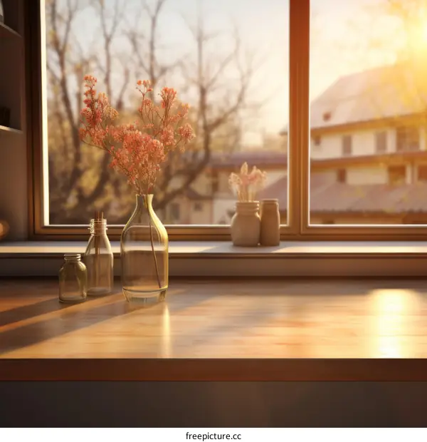 Still life with flowers and bottles by the window