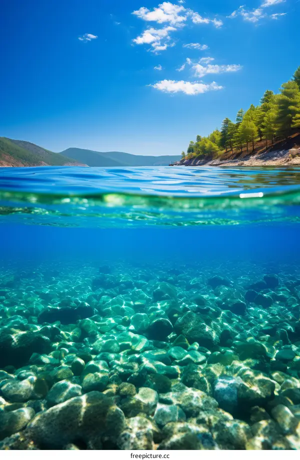 Split View of a Rocky Beach with Trees and Blue Sky