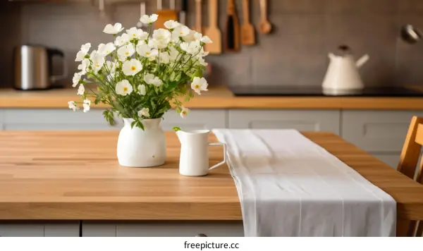 White Flowers in a Vase on a Wooden Table