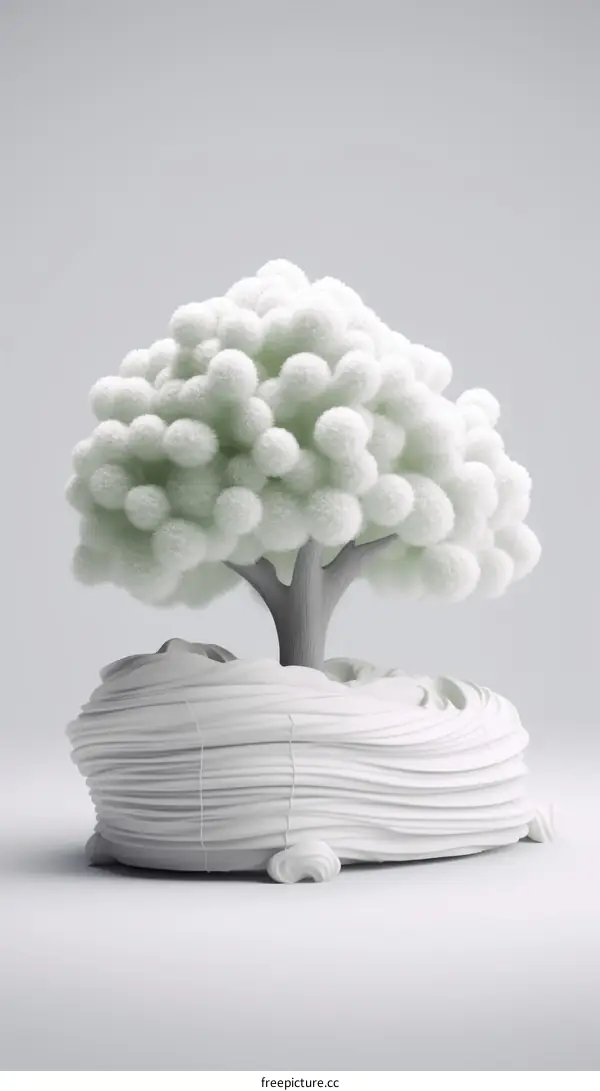 Whimsical 3D rendering of a bonsai tree with cotton ball-like foliage