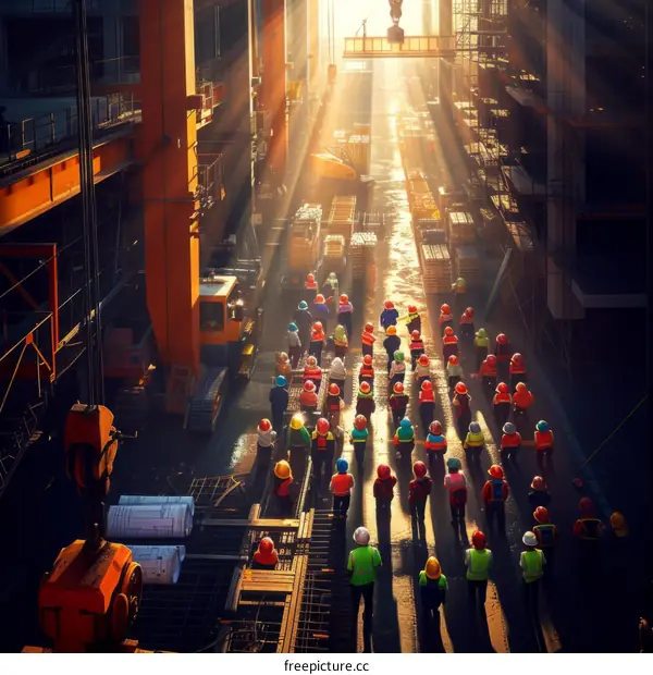Construction workers walking towards the light