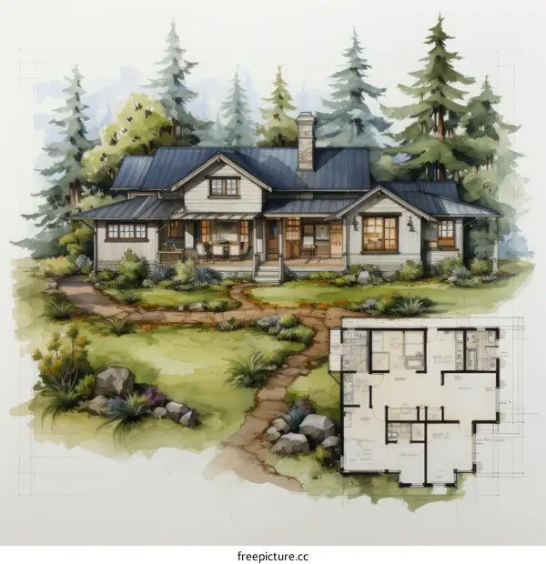 Watercolor House Plan with Beautiful Elevation