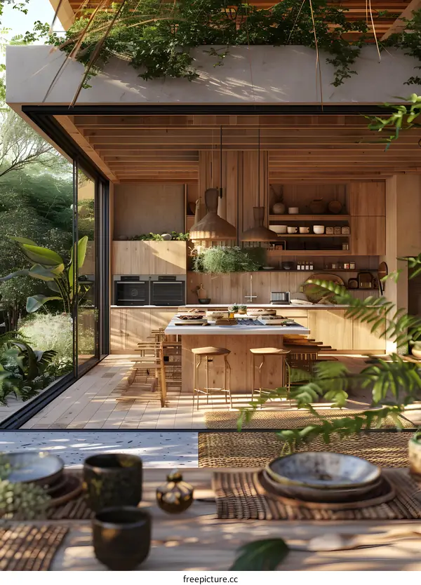 The wooden house is surrounded by green plants.