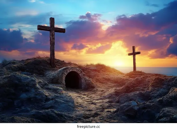 Religious Sunrise Landscape with Crosses