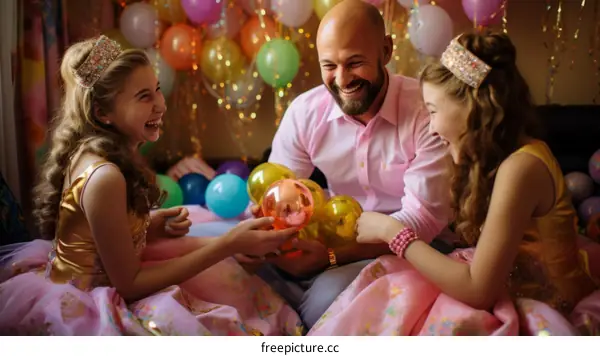 Father and daughters playing with balloons