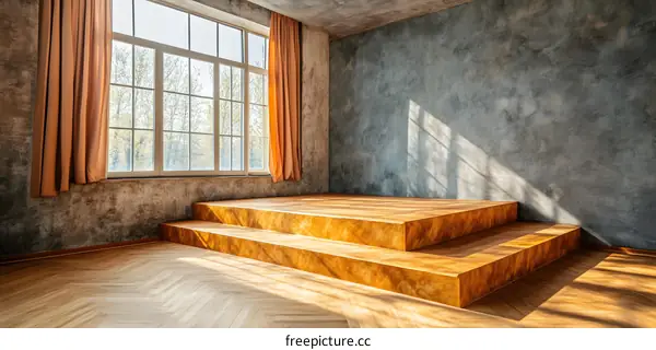 Minimalist Room Interior with Wooden Platform and Window
