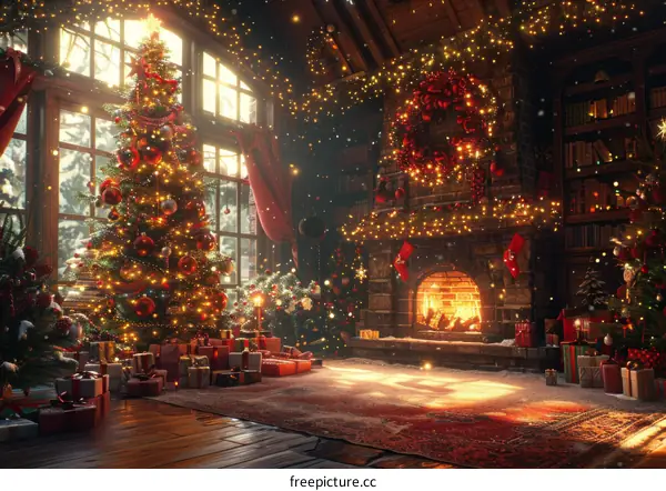 Festive Christmas Living Room with Decorated Tree and Fireplace