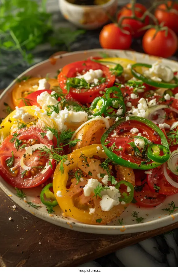 Fresh heirloom tomato salad with feta cheese, herbs, and pickled peppers