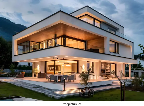 Modern Luxury Home with Large Windows and Outdoor Patio