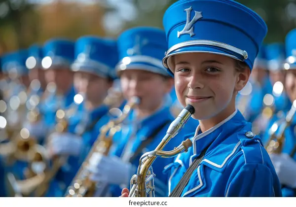 Young girl playing the saxophone in a marching band