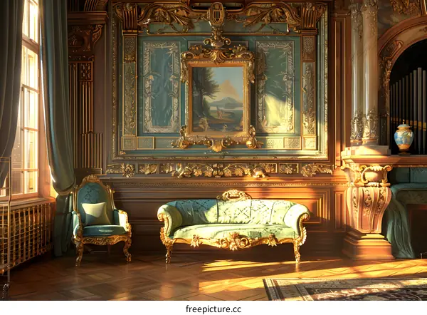 Golden Baroque Interior With Green Velvet Sofa And Armchair