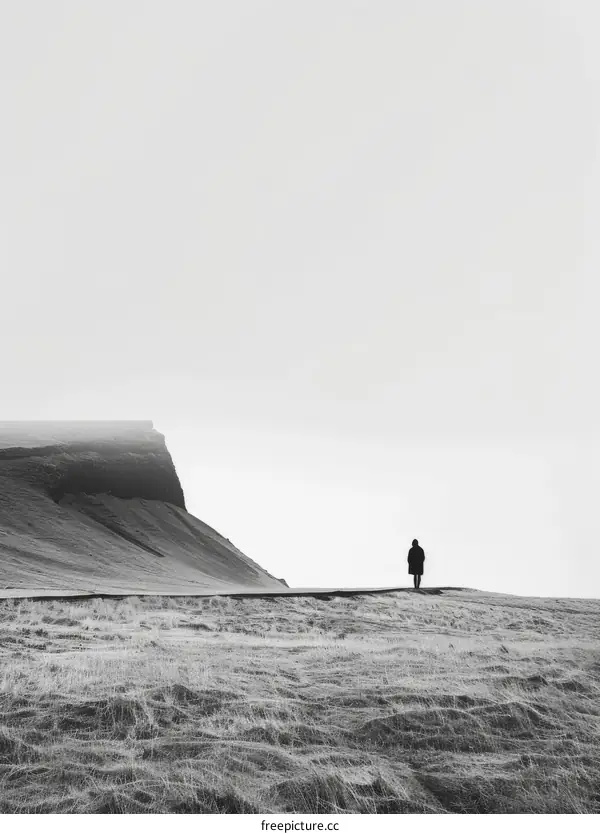 alone man standing on cliff edge looking at foggy landscape