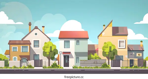 Cartoon Illustration of a Suburban Neighborhood with Houses and Trees