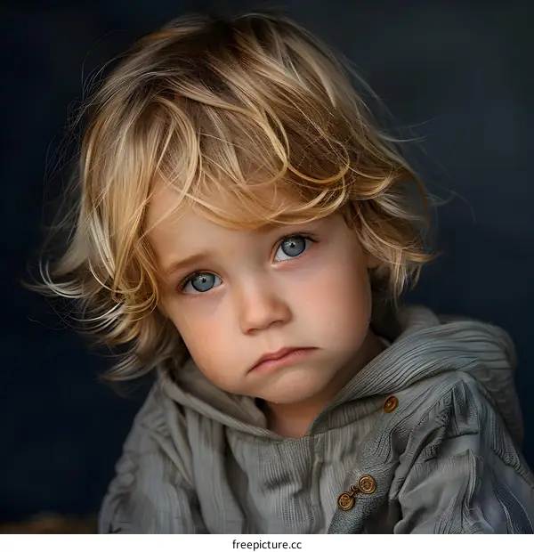 Portrait of a cute caucasian toddler boy with blond hair and blue eyes