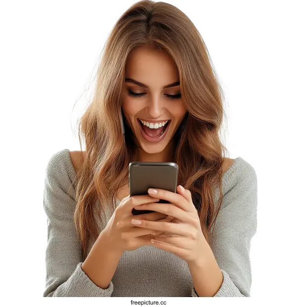[Transparent Background PNG]Woman Excitedly Looking at Phone