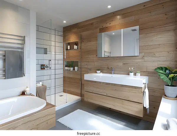 Modern Bathroom Design with Wooden Walls and White Tile