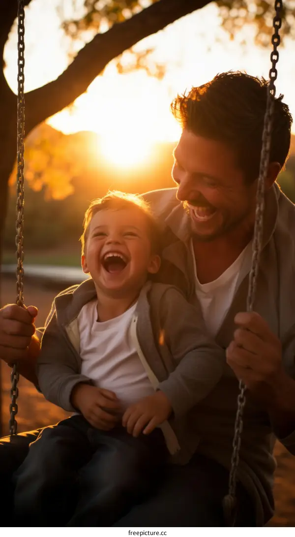 Father and son swinging on a swing set and laughing