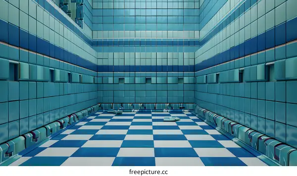 Blue and White Checkered Floor in a Room with Blue Tiles