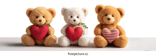 Three Teddy Bears Holding Hearts
