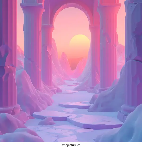 Surreal Landscape with Pink Archway and Sun