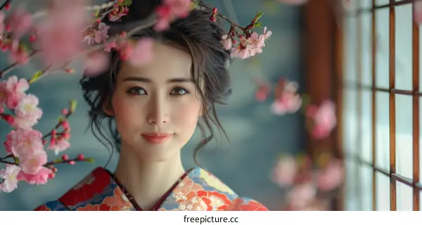 Portrait of a beautiful Asian woman in traditional Japanese kimono with cherry blossoms