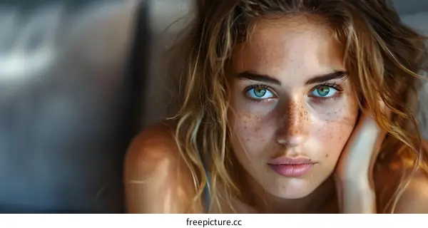 Portrait of a young woman with freckles and green eyes