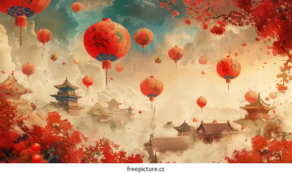 Red Paper Lanterns Decorate Ancient Chinese Buildings