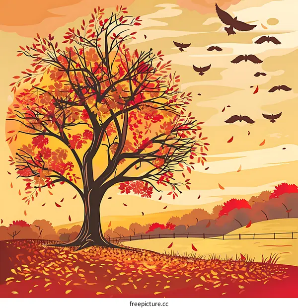 Autumn Landscape with Flying Birds and Red Leaves