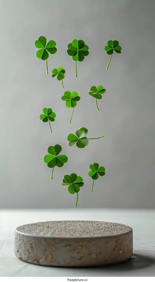 Green four-leaf clovers floating up from a stone podium against a gray background
