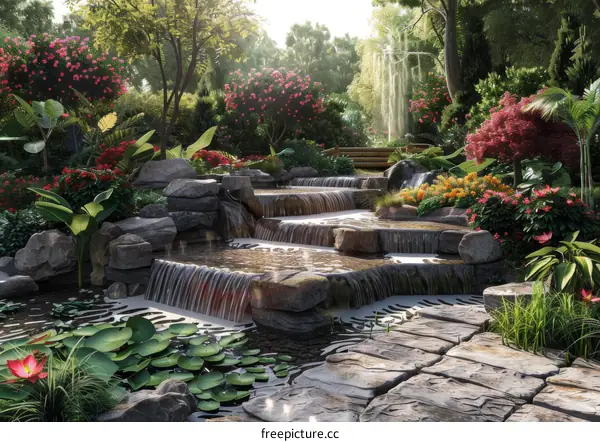Enchanted Waterfall in Serene Garden Hideaway