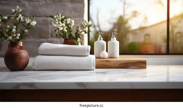 White towels on a marble table near a window