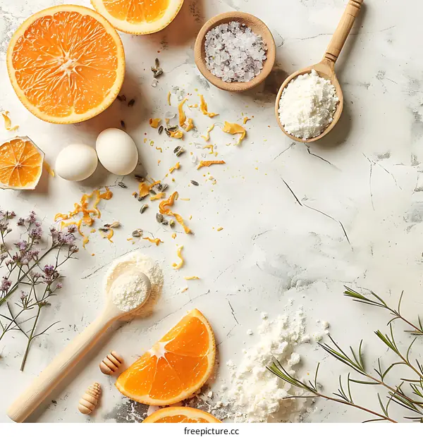 Orange, Lemon, Flour, Salt, and Eggs on White Background