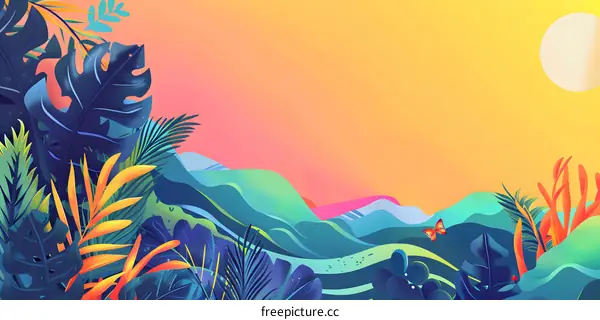 Abstract Tropical Landscape Illustration with Blue and Yellow Colors
