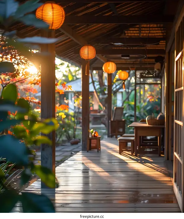 Wooden Porch with Lanterns and Sunlight