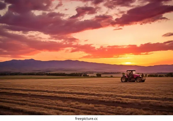 Tractor in the field during sunset