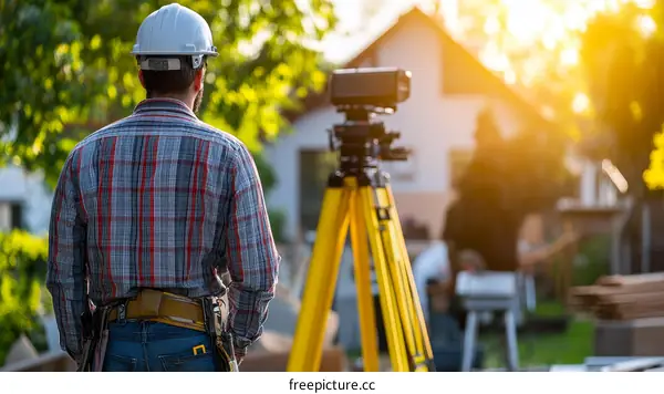 Construction Worker Surveying Backyard Home Site