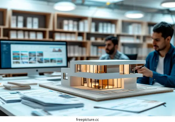 Two architects discussing over a 3D printed house model in the office