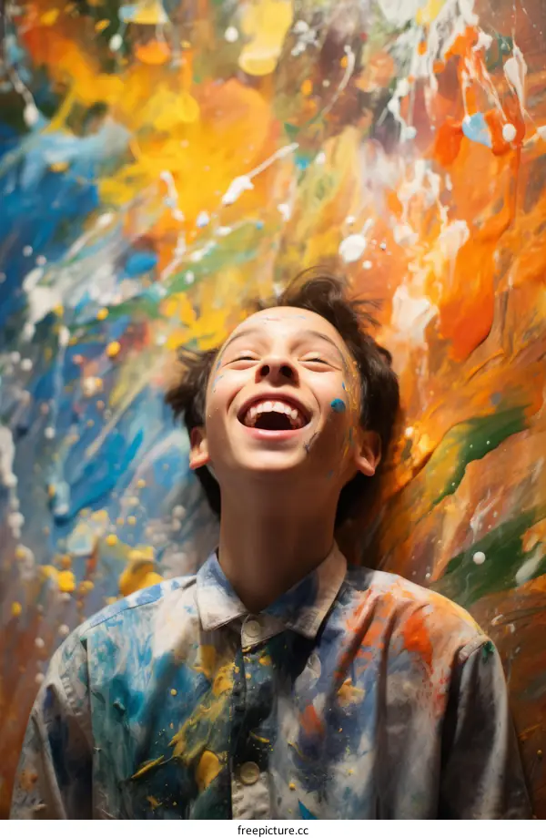Portrait of a young boy covered in colorful paint