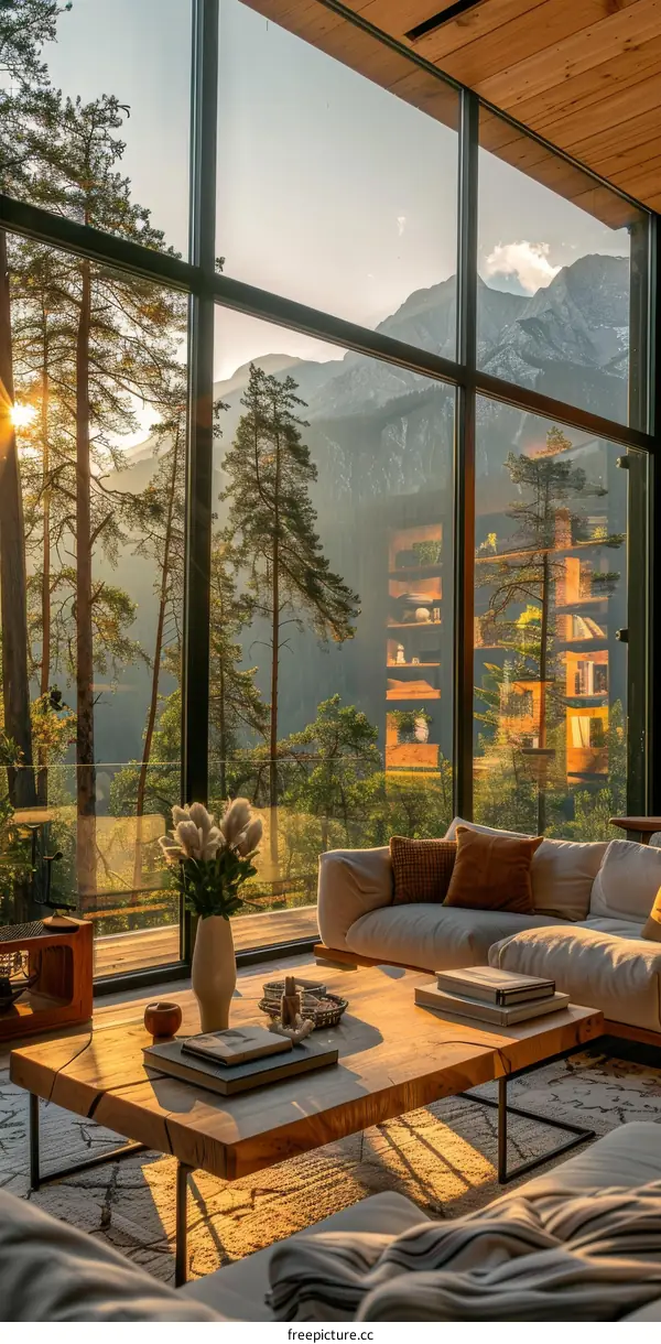 Modern living room interior with large windows and a beautiful mountain view