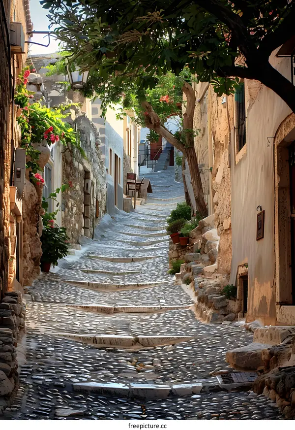 A steep cobblestone street in a small European town.