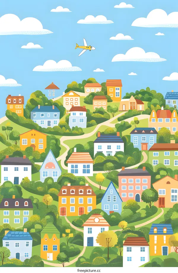 Cartoon Illustration of a Village with Houses, Trees, and a Plane in the Sky