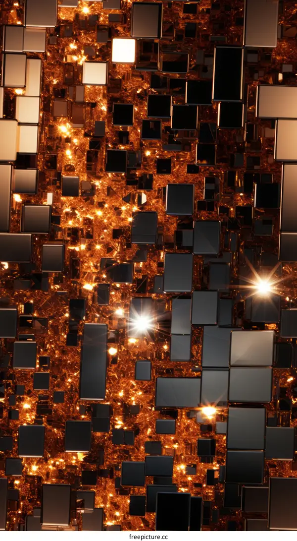 Abstract 3D illustration of glowing golden cubes with spotlights