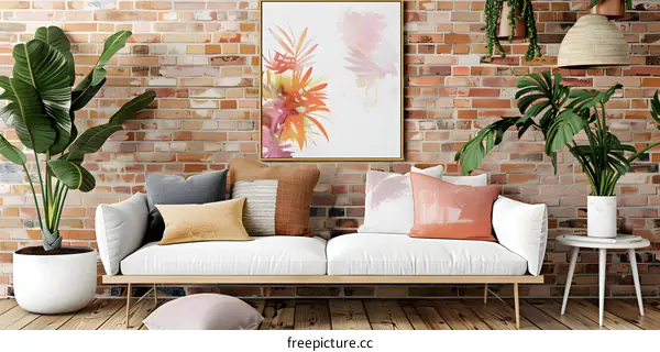 Modern Living Room Interior Design With Brick Wall And Plants