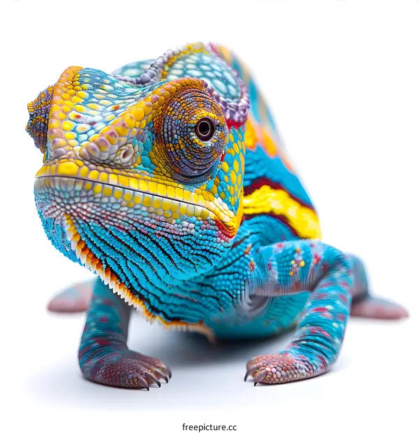A close up of a colorful chameleon