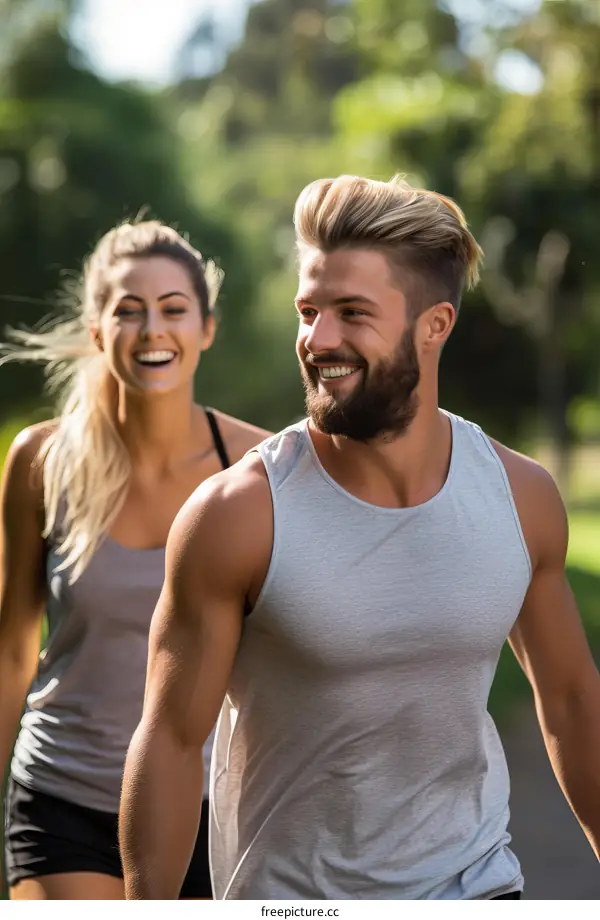 Happy couple jogging in the park
