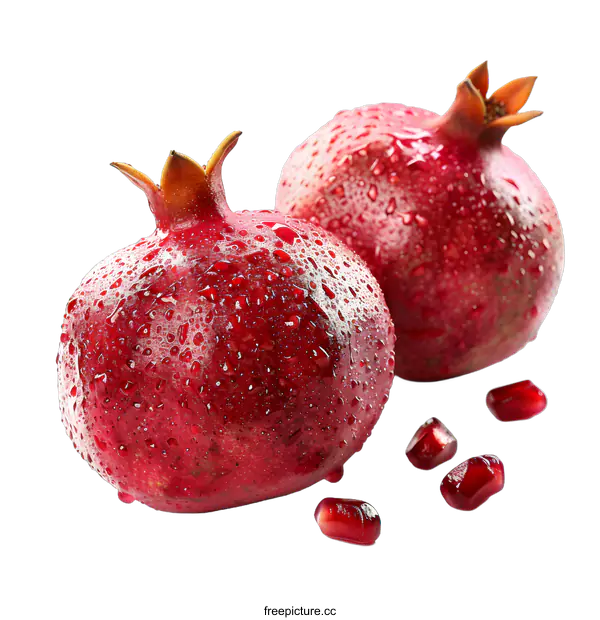 [Transparent Background PNG]Two red pomegranates with water drops and scattered seeds on a white background