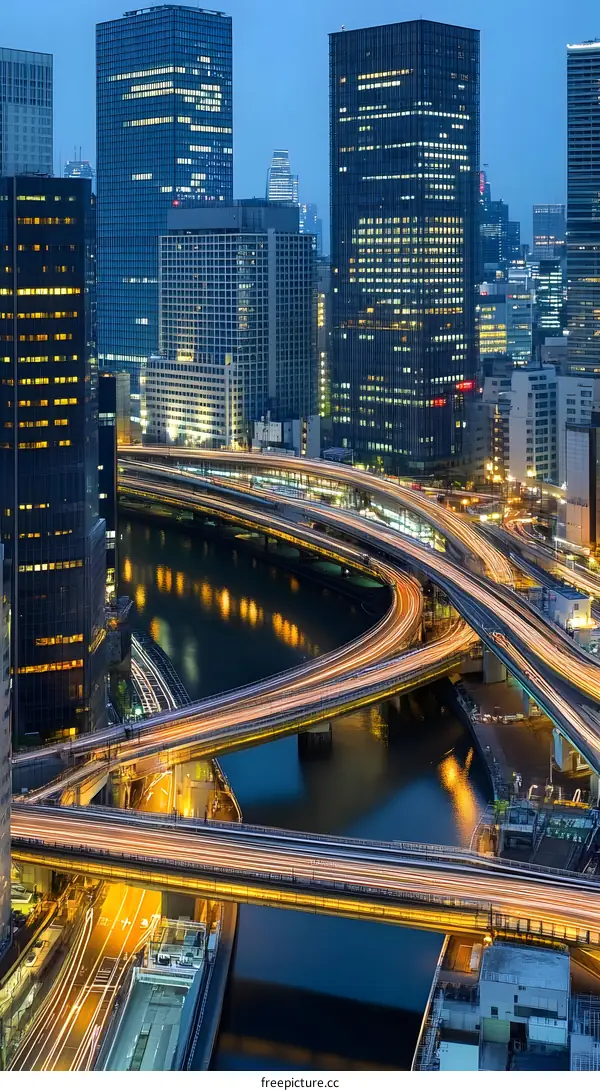 Night View of Tokyo Cityscape with Highway Interchanges and River