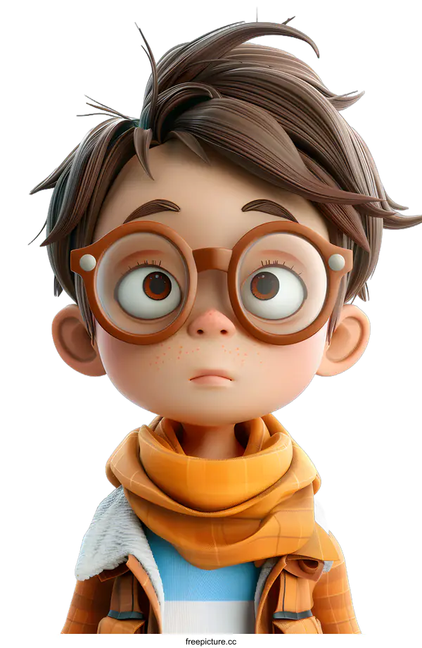 [Transparent Background PNG]3D rendering of a cute cartoon boy with glasses and a scarf