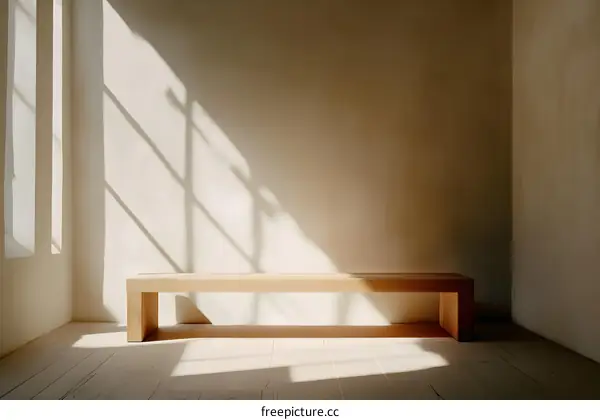 Minimalist Wooden Bench In A Room With Light And Shadows